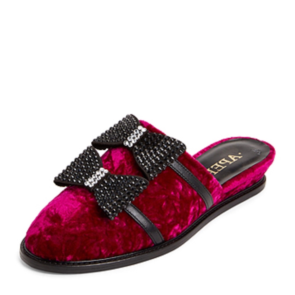 APERLAI  Pink Embellished Bow Velvet Mules